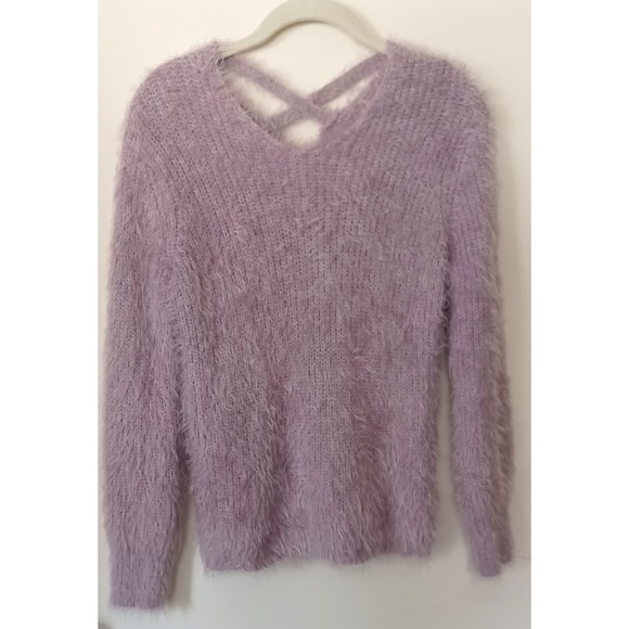 Woven Heart Fuzzy Sweater Sz L Women's Crisscross Back Soft Cozy  Lavender‎ - Picture 2 of 8